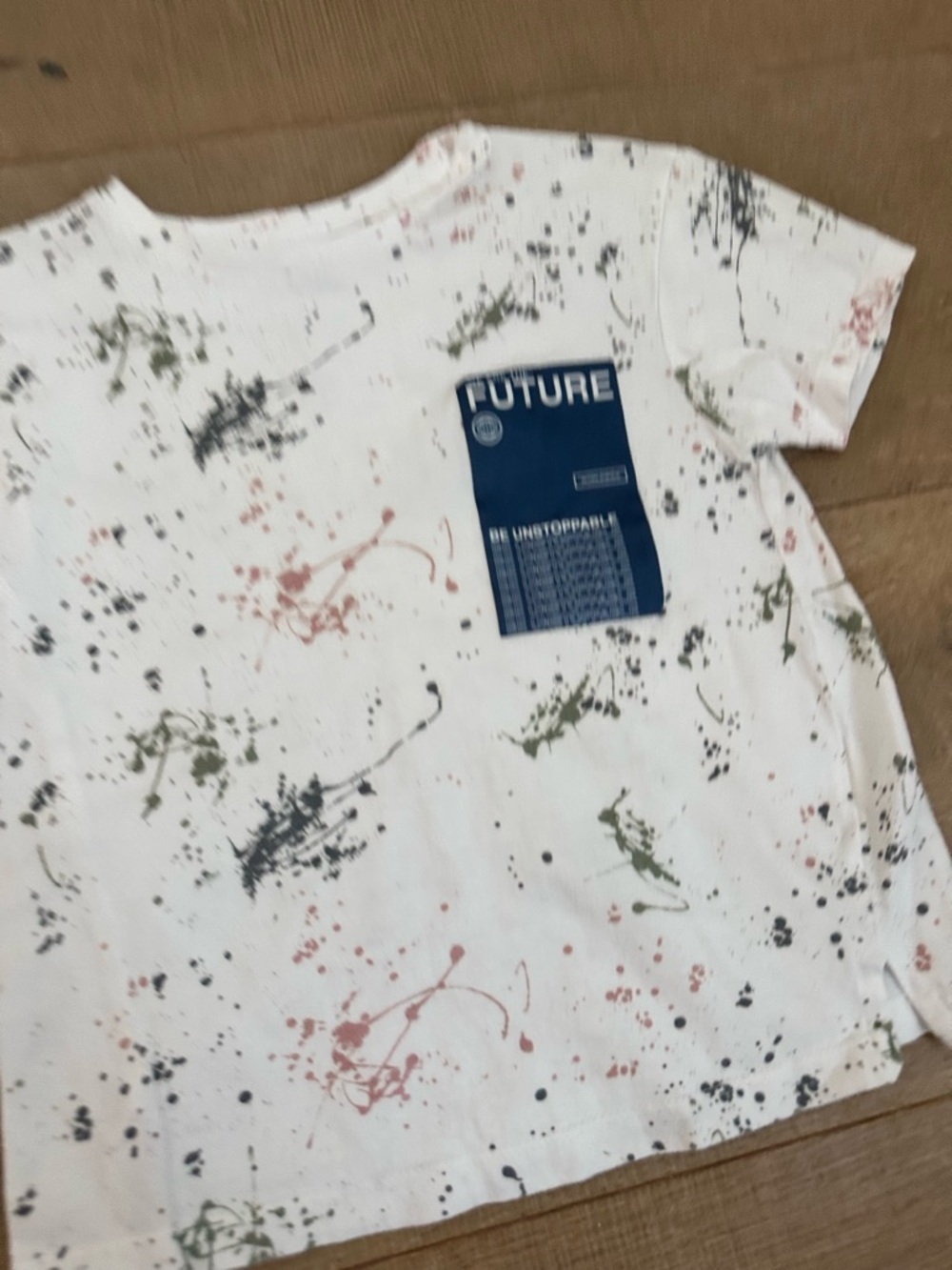 Primark White Short Sleeve Tee with Navy 'FUTURE' Patch and Paint Splatter - Picture 3 of 5
